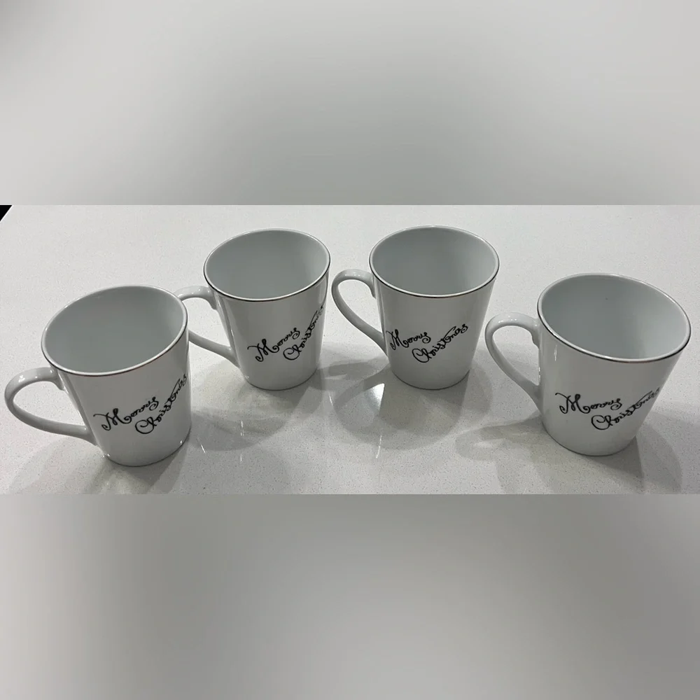 Merry Brite Whimsical Christmas Mugs Cups White‎ Porcelain Set Of 4